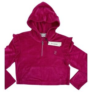 NEW Juicy Couture Crop Ruffle Quarter Zip Velour Hoodie Pullover Medium Pink NWT